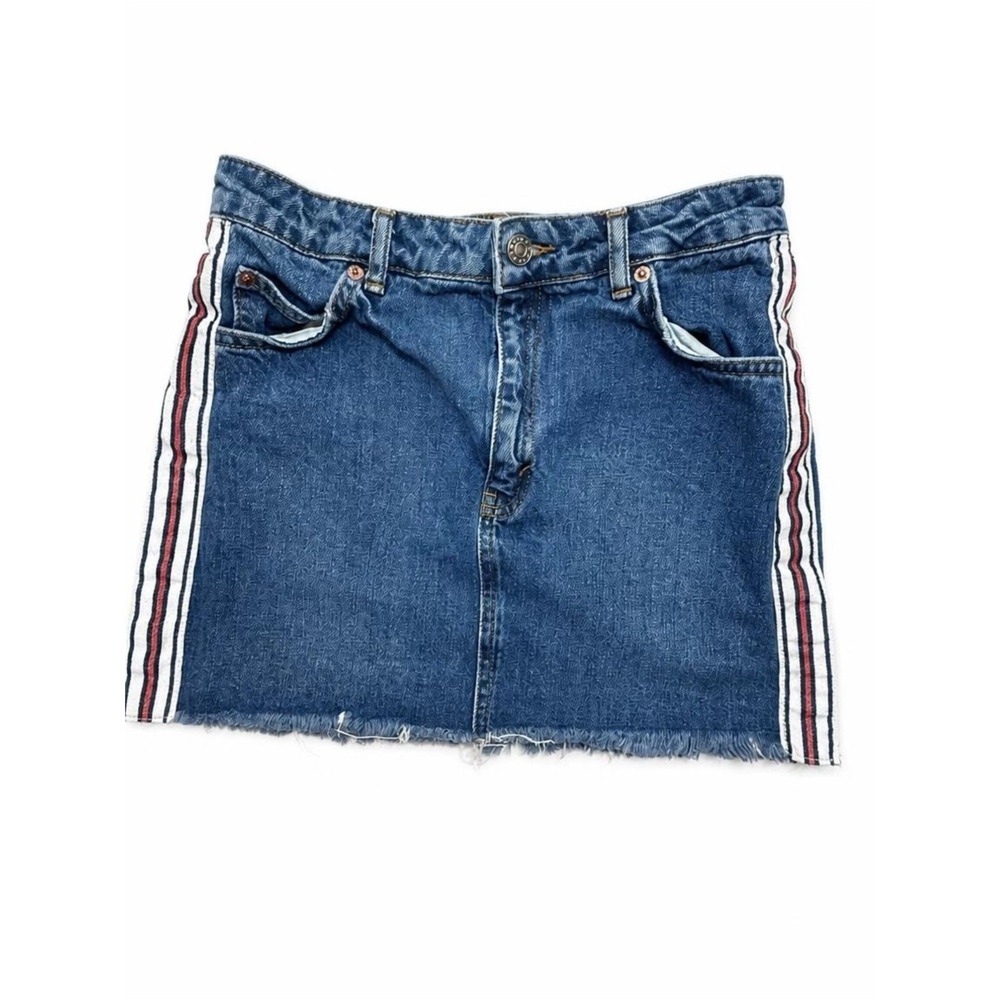 Topshop Moto Blue Jean Denim Mini Skirt with Stripe Design Size 6